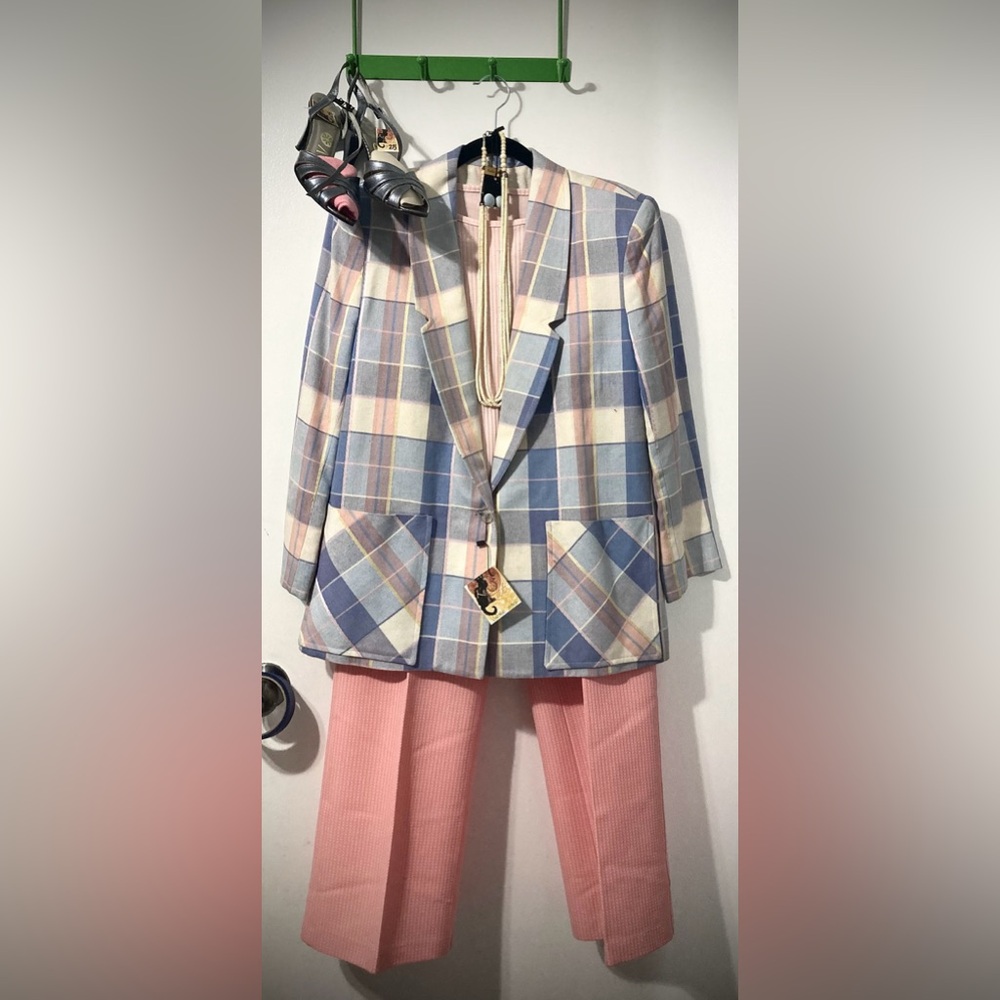 Vintage 1980s Complete Power Suit Outfit - Pink and Blue Plaid